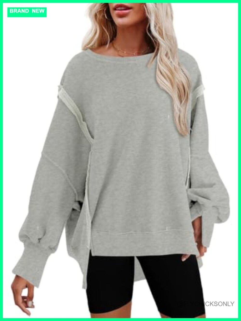 Oversized Reverse Seam Crewneck Sweatshirt Long Sleeve Split Hem Pullover